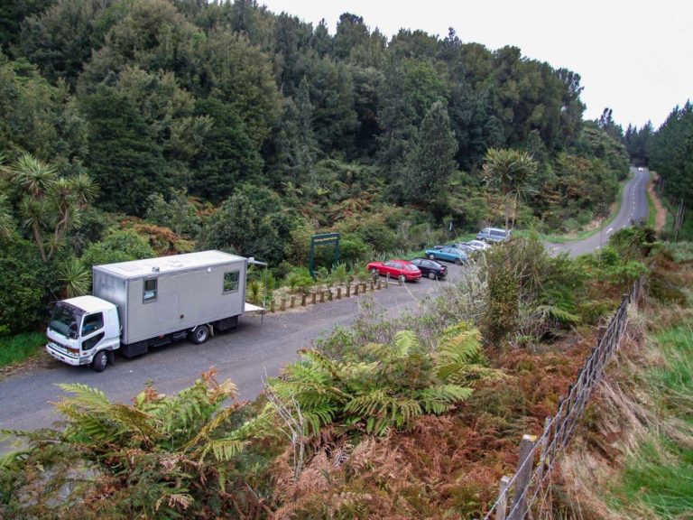 View of the small car park - that's our motorhome truck parked up.