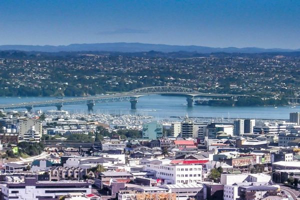 Views out to Auckland Harbour Bridge from Mt Eden summit