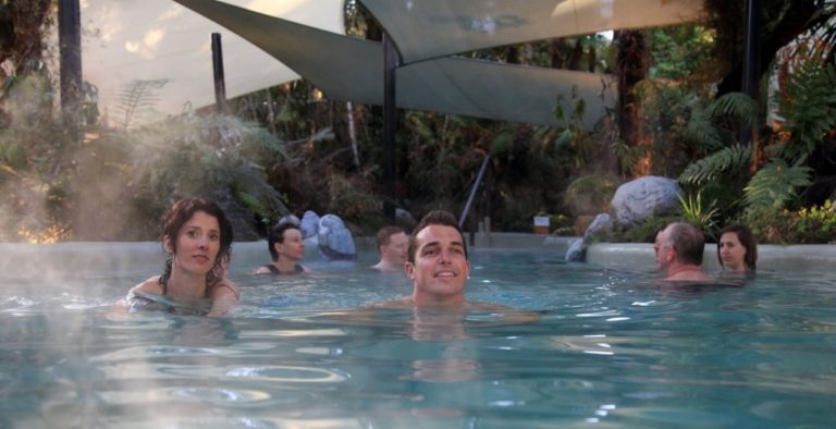 Enjoying the main pool at Franz Josef Glacier Hot Pools