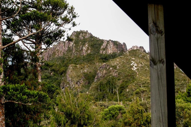 Views up to the Pinnacles summit from the hut deck