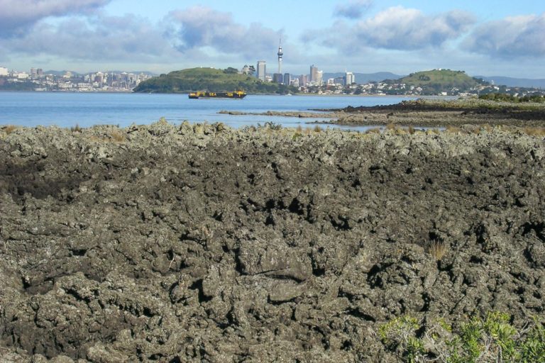 View of Auckland city from a rocky bay on Rangitoto Island