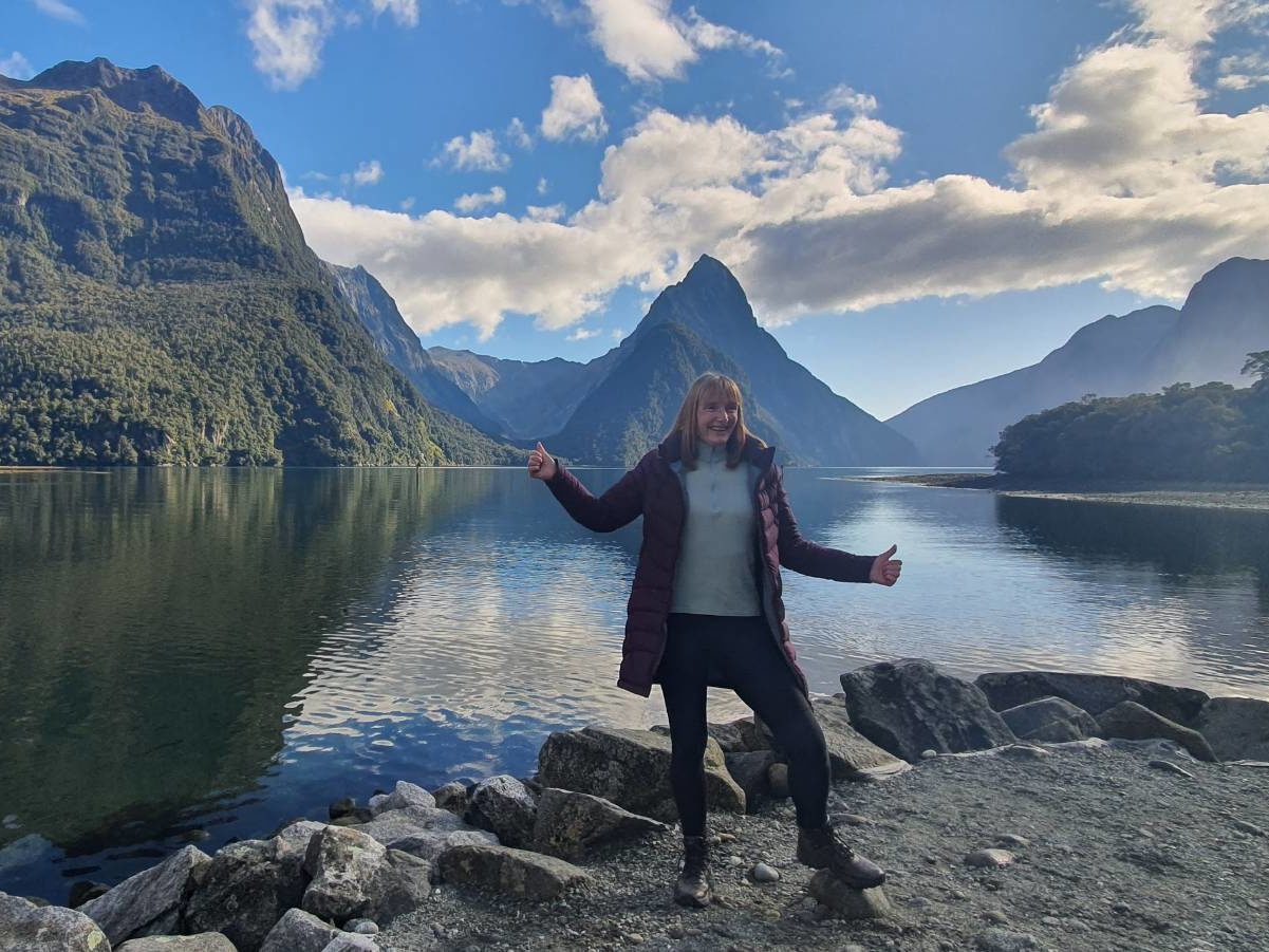 Sandra at Milford Sound - Foreshore walk - Copyright Freewalks.nz