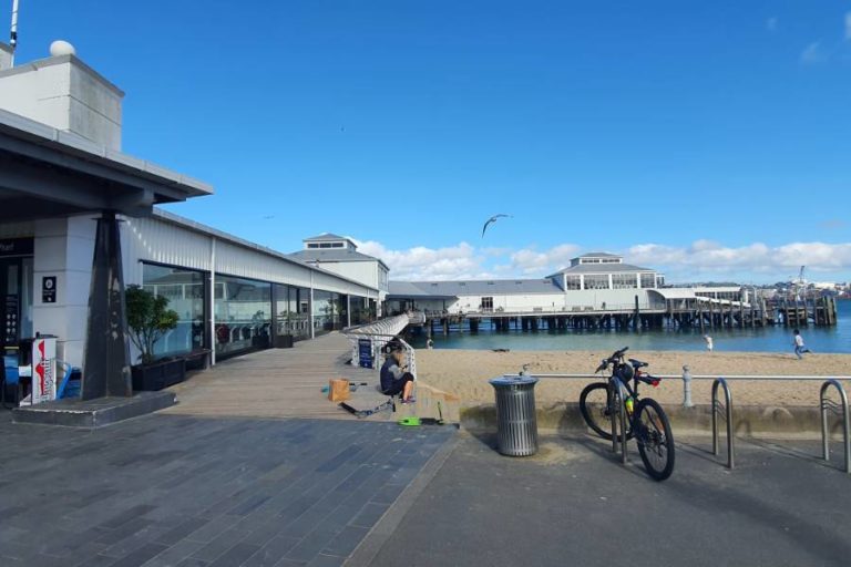 Devonport shops and ferry building at the end of the walk - Copyright Freewalks.nz