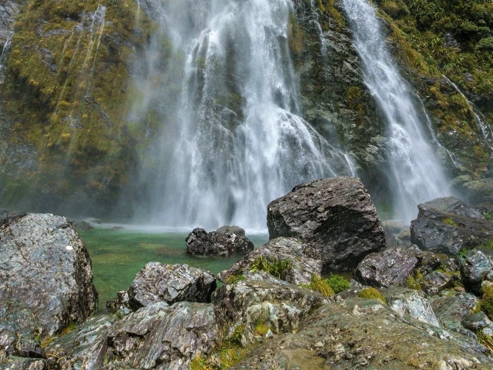 Free Earland Falls Walk in Milford Sound - South Island - New Zealand - View at the base of the Earland Falls