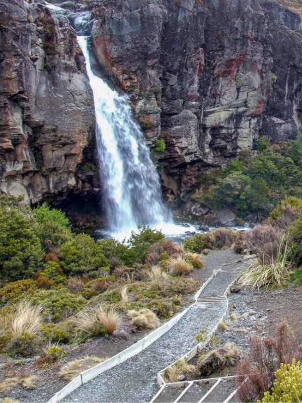 Looking at Taranaki Falls close up with the track in front at Mt Ruapehu