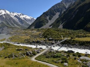 Over looking the first section of the Hooker Valley Walk onto the valley track at Mt Cook, New Zealand Freewalks.nz