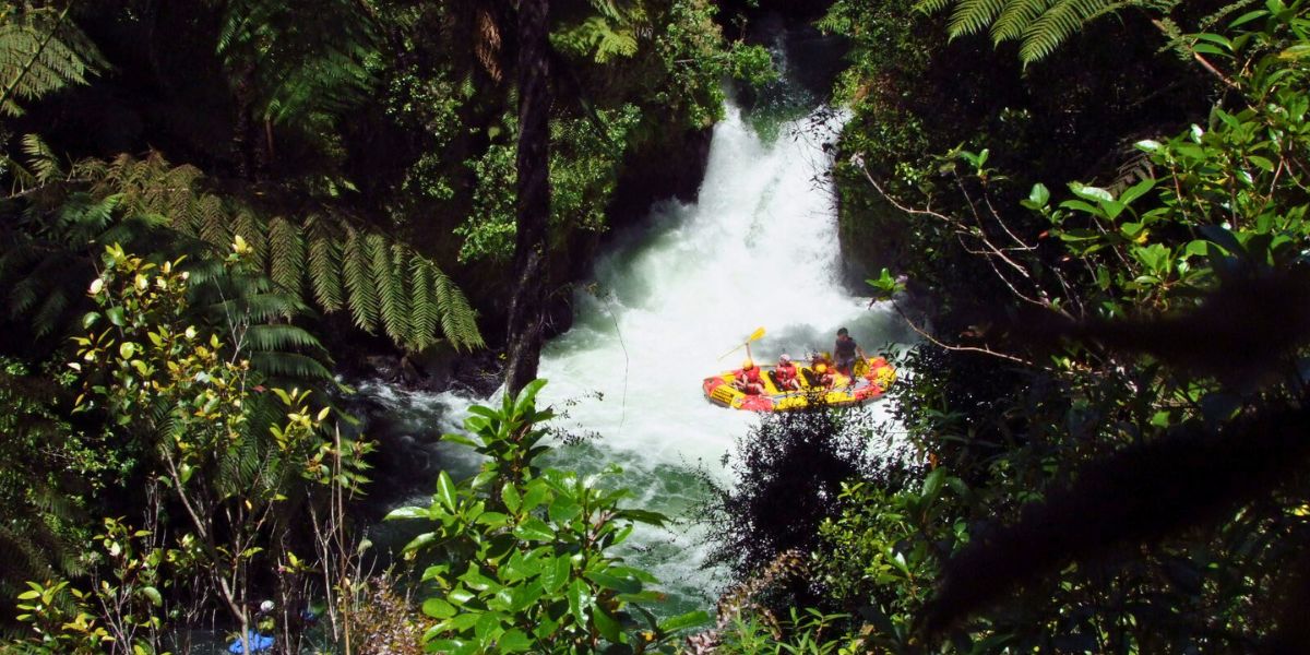 White water rafters going over the Okere Falls