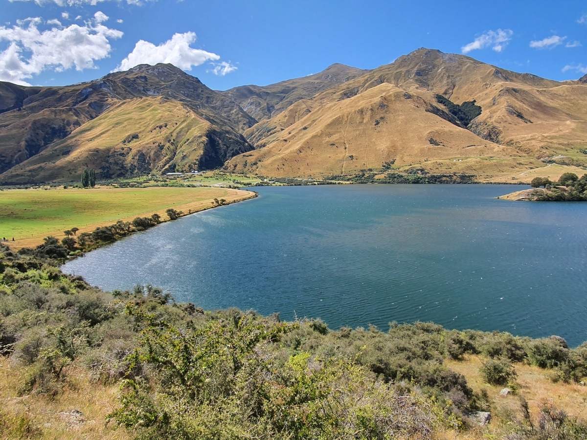 Moke Lake loop track viewed from above, showing the full lake surrounded by golden tussock mountains near Queenstown