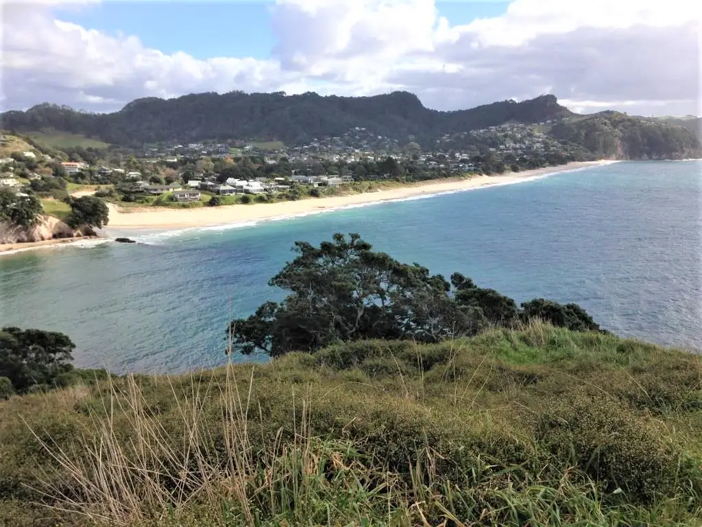 View of Hahei Beach and town from Te Pare Point Historic Reserve headland, Coromandel