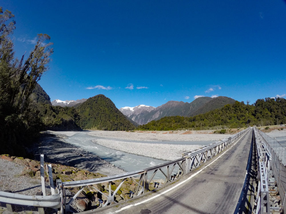 Franz Josef walks - One way bridge in Franz Josef town - Copyright Freewalks.nz