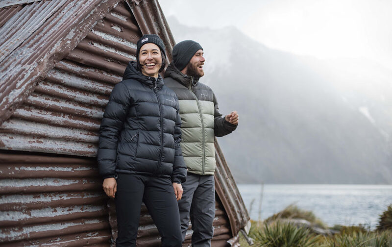Macpac Women's Puffer Jacket - Halo Hooded Down - Black - couple wearing puffer jackets