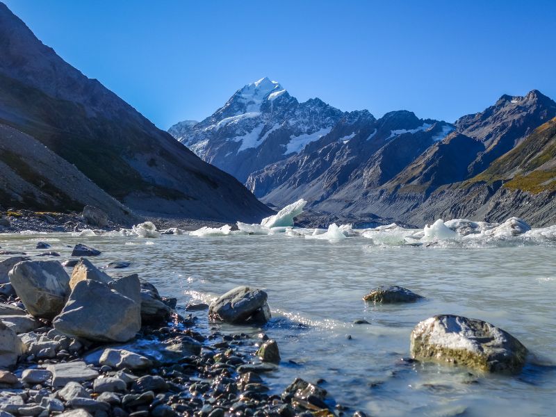 Arriving at Hooker Lake with icebergs