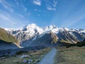Hooker Valley Track in front with snow capped mountains in the background, just beautiful
