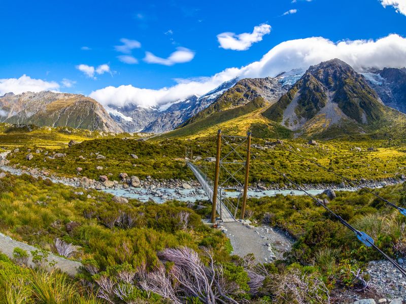 Looking down on the first swing bridge from above on the Hooker Valley Track