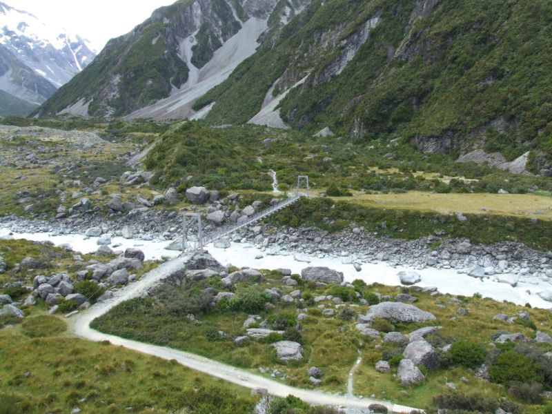 Looking down on the first swing bridge from the track above in Hooker Valley