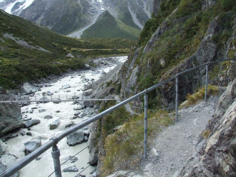 Looking down on the second swing bridge from the track above in Hooker Valley