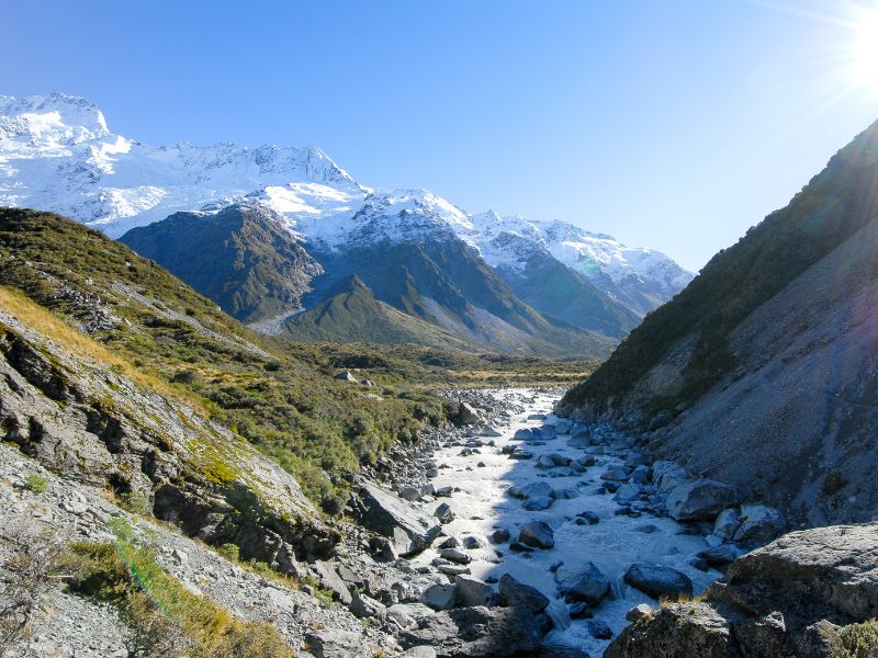 Pretty view from the second swing bridge with the Hooker river in front on a lovely sunny day