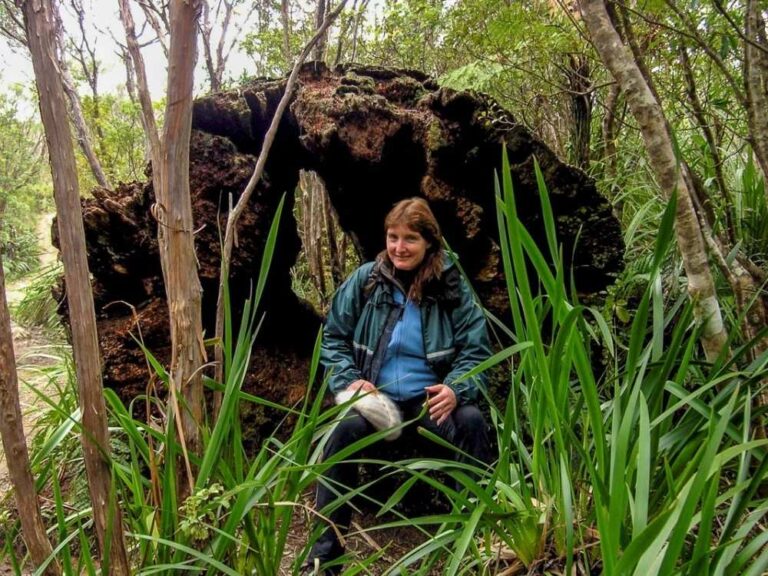Sandra taking a rest by an old Kauri log on a damp day