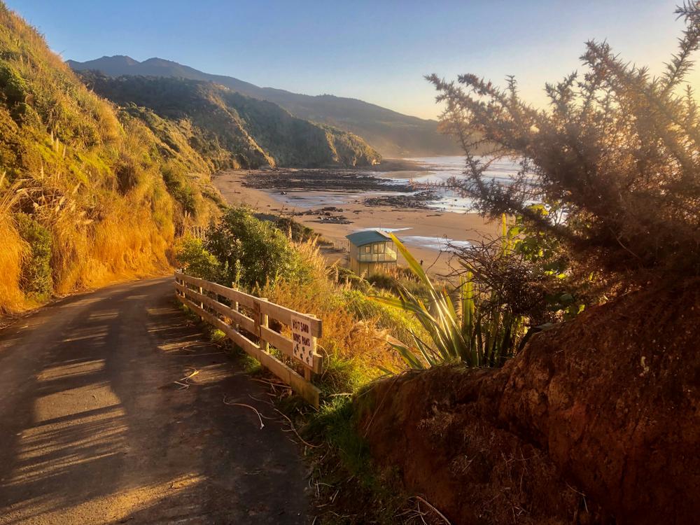 The track to the cliff top. Since this photo was taken the surf lookout has had to be removed before the sea took it