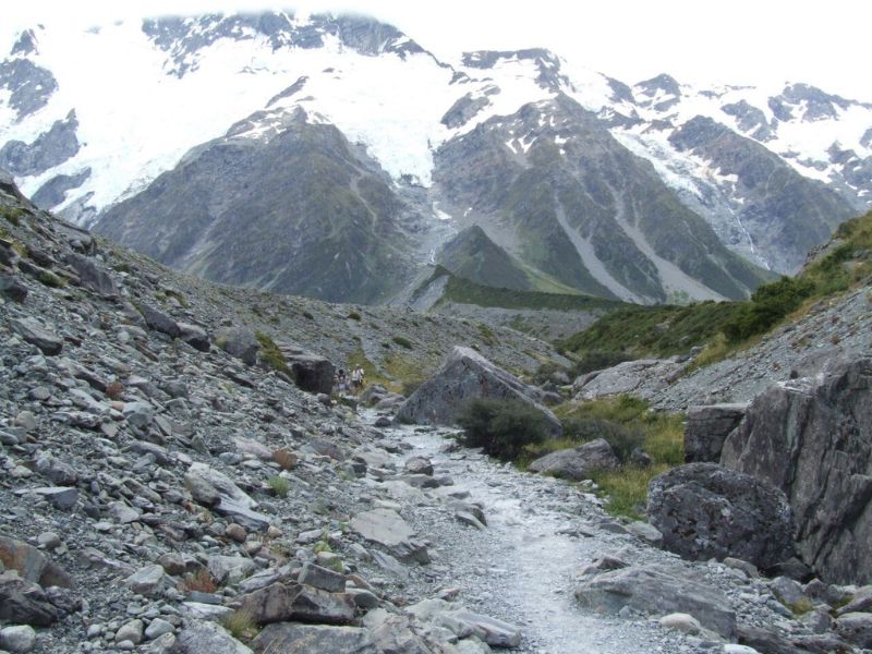 Walking along the rocky track in Hooker Valley