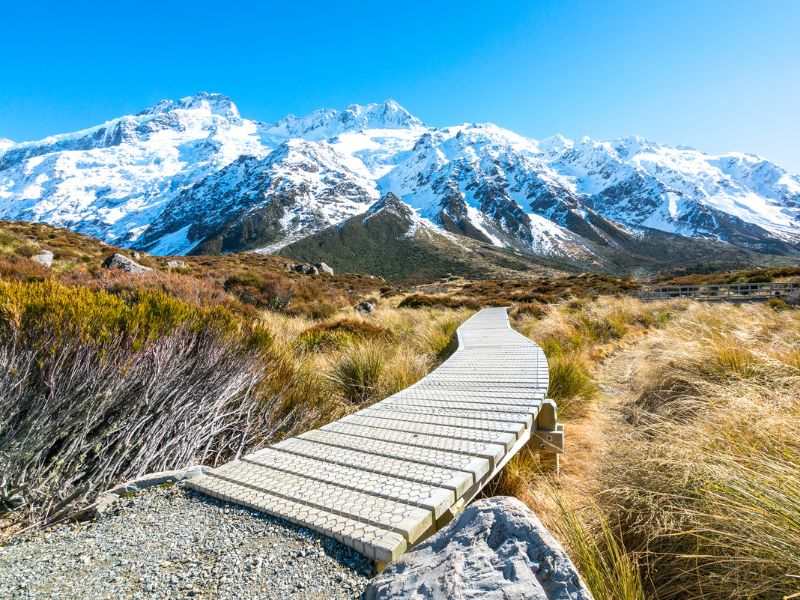 Wicked views of the boardwalk with mountains in the background on the Hooker Valley Track
