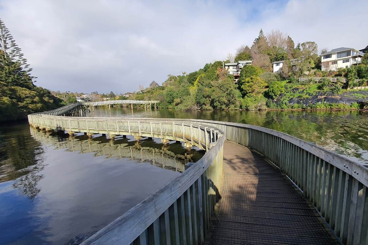 Lovely wide boardwalk over the water on the Orakei Basin Loop Path in Auckland by Freewalks.nz