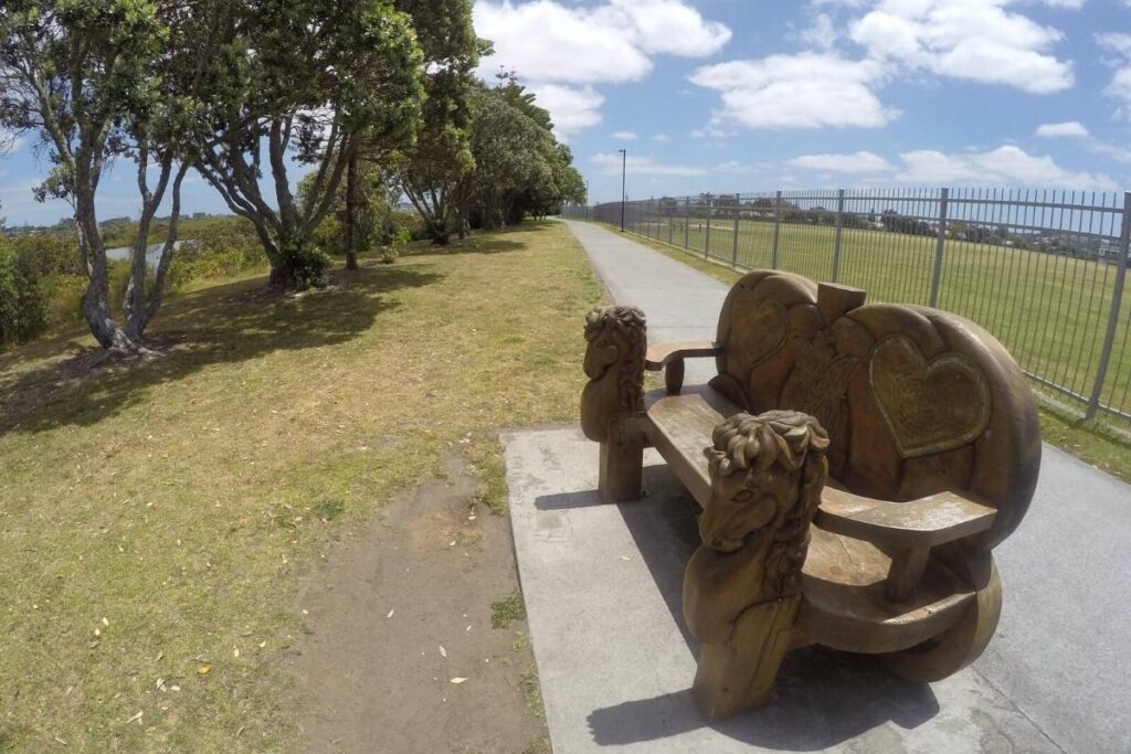 One of the pretty carved viewing seats along the Te Ara Tahuna - Ōrewa Estuary Path just out of Auckland by Freewalks nz