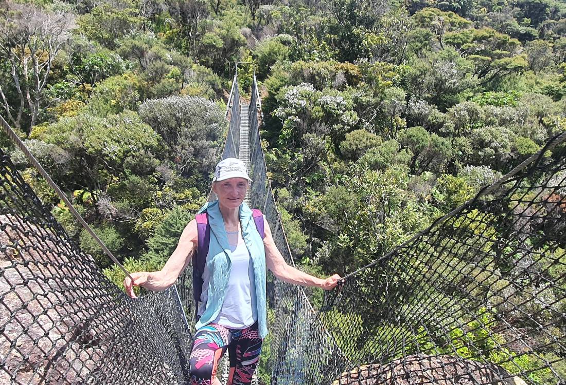 Sandra on one of the many swing bridges on the Mt Hobson walk on Great Barrier Island by Sandra from Freewalks.nz New Zealand
