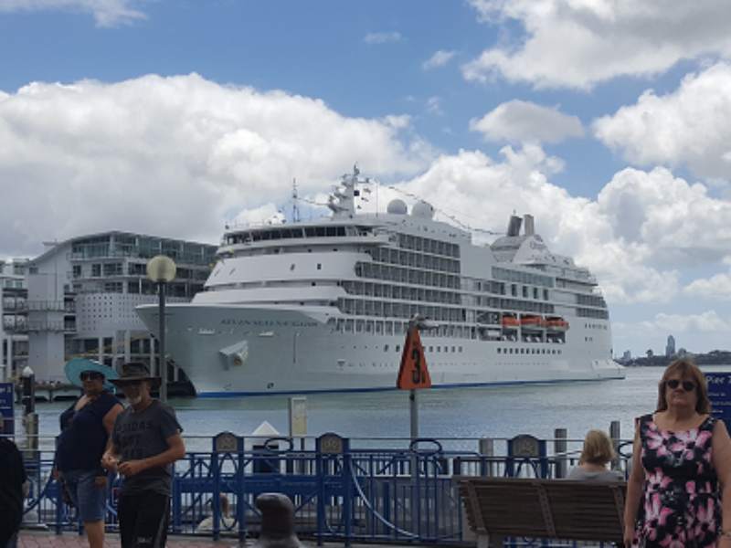 A cruise ship in downtown Auckland port near the ferry terminal