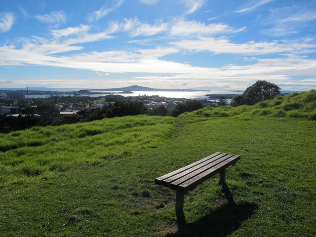 Bench seat city view of Rangitoto Island from Mt Eden