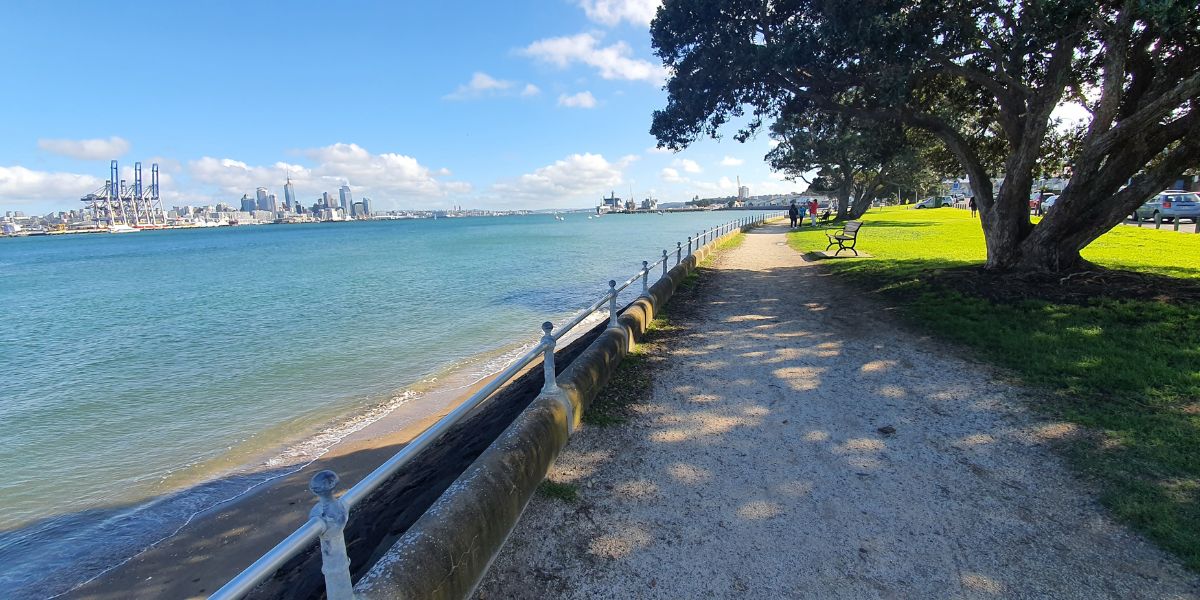 Beautiful view of Auckland city and harbour from the waterfront path to the left of the ferry wharf in Devonport