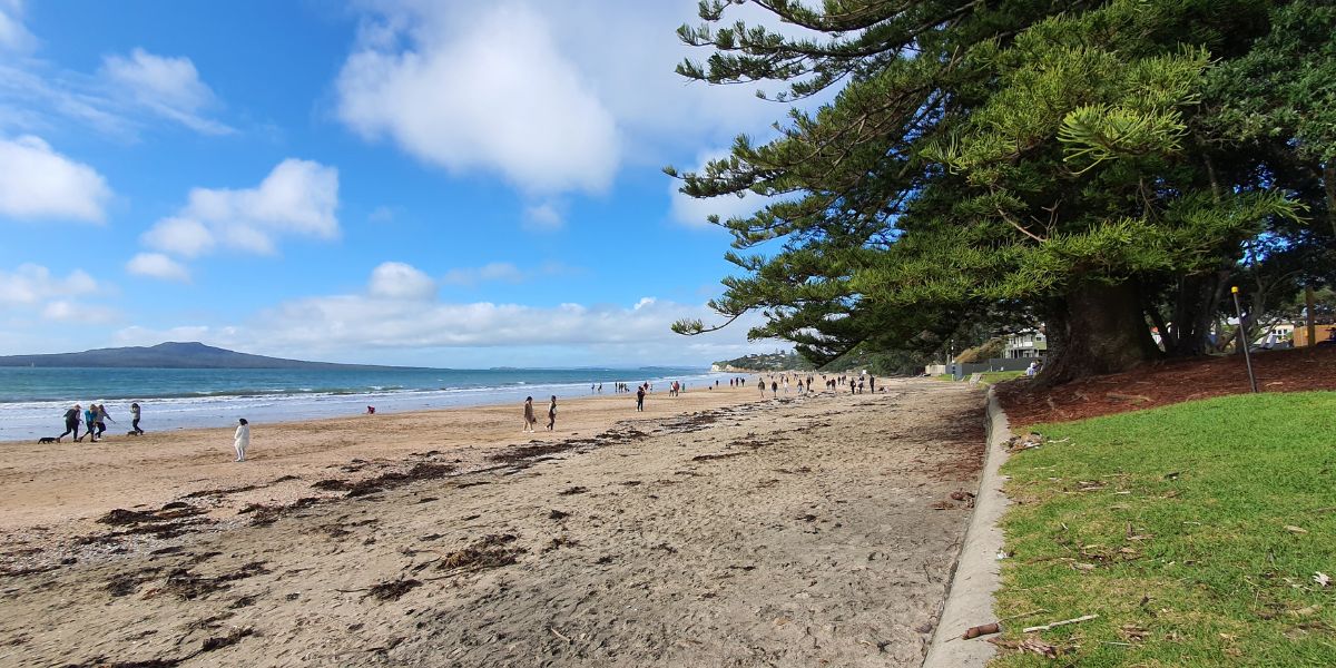 People on Takapuna Beach with Rangitoto in the background