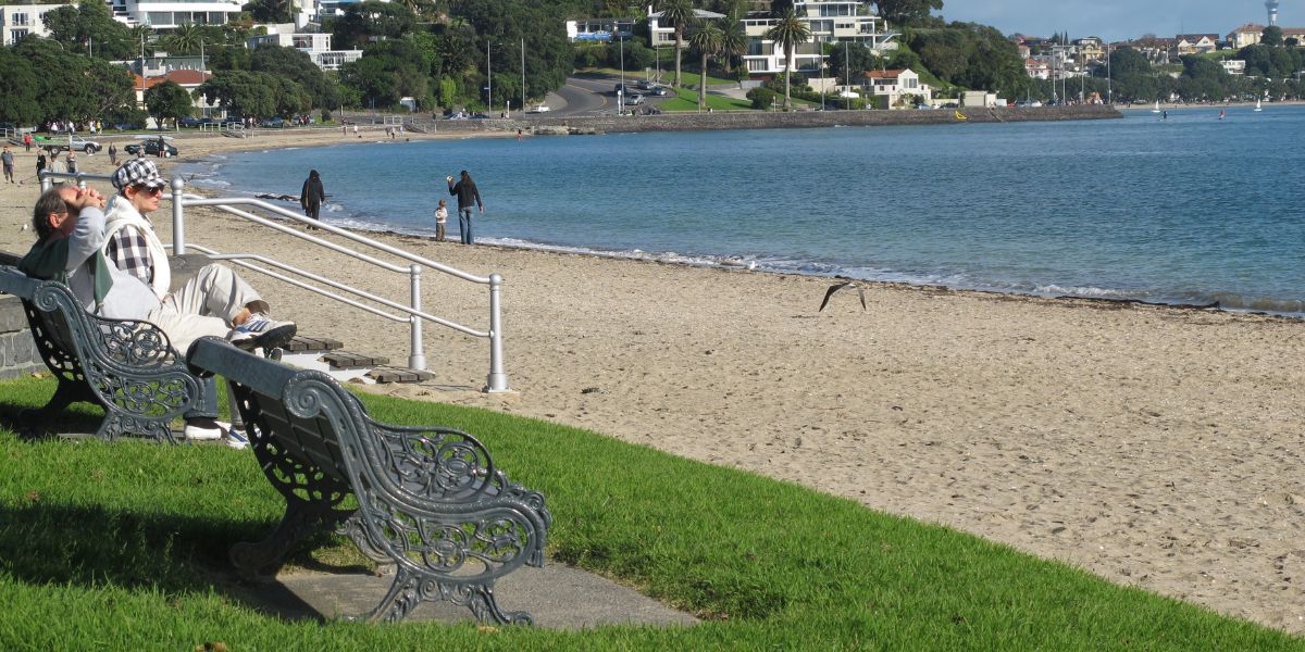 Seats looking out over St Heliers beach on a lovely sunny day