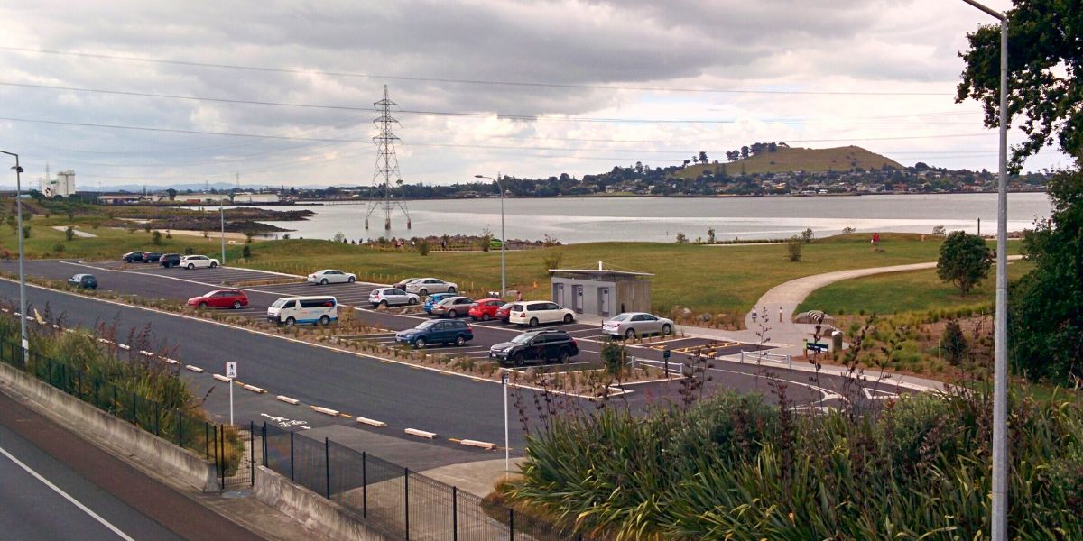 Onehunga Foreshore and carpark with Mangere Mountain in the background