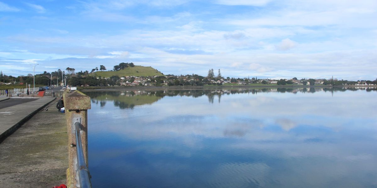 View from the old Mangere Bridge of Mangere Mountain