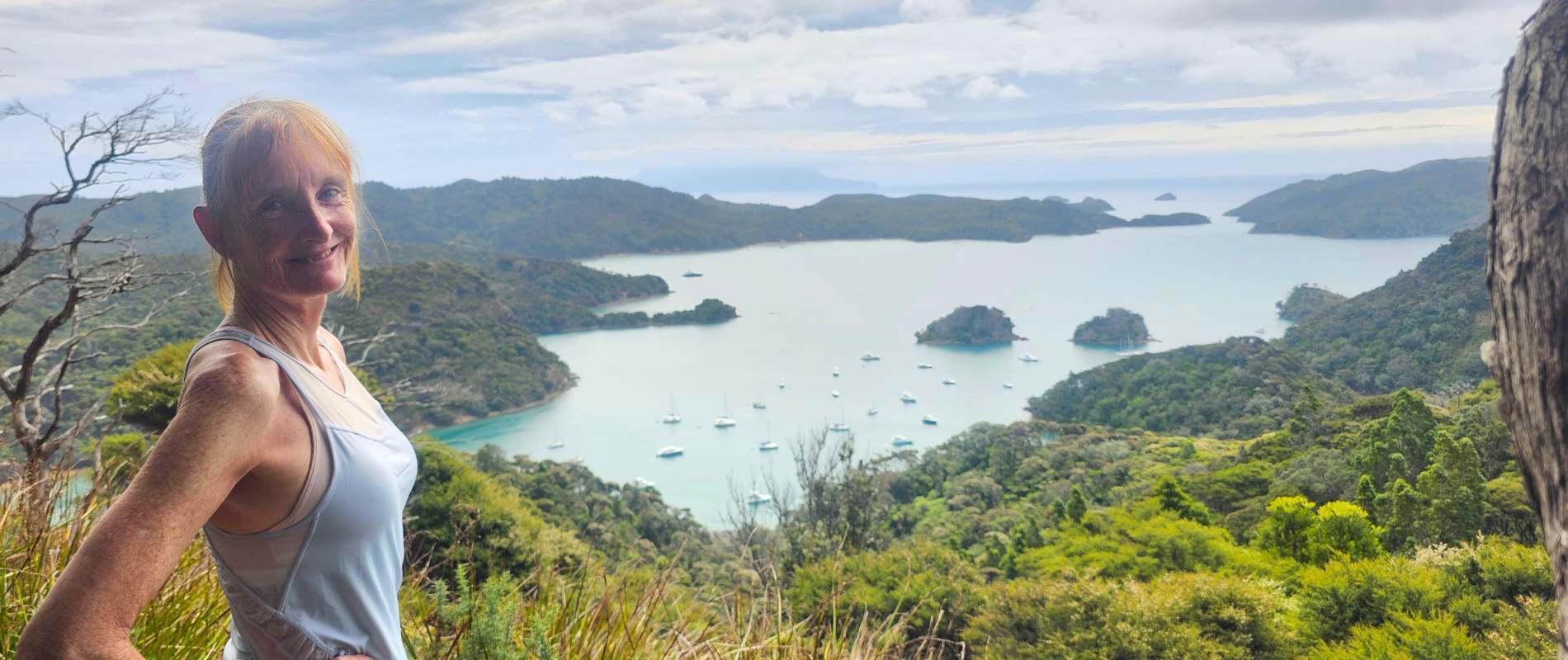 Sandra at the lookout at Kiwiriki Bay, Great Barrier Island