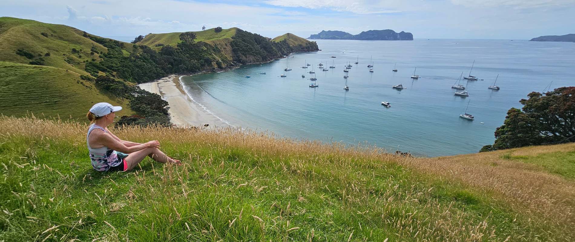 Sandra at the Whangapoua Bay looking out over the bay on Great Barrier Island