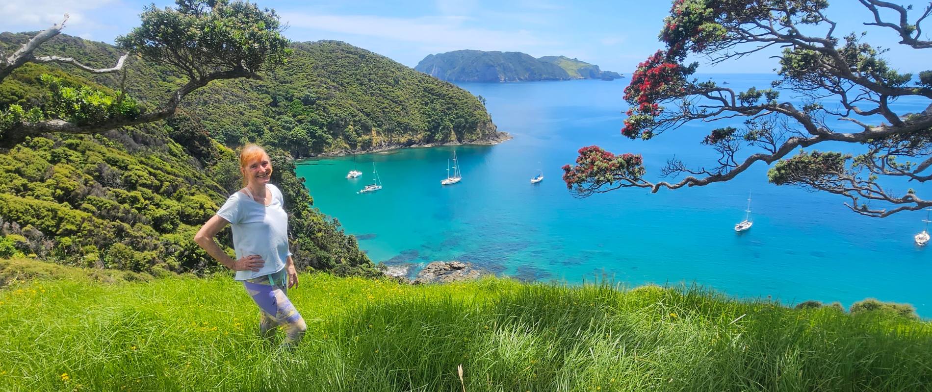 Sandra at the top of the Harataonga Loop Walk on Great Barrier Island