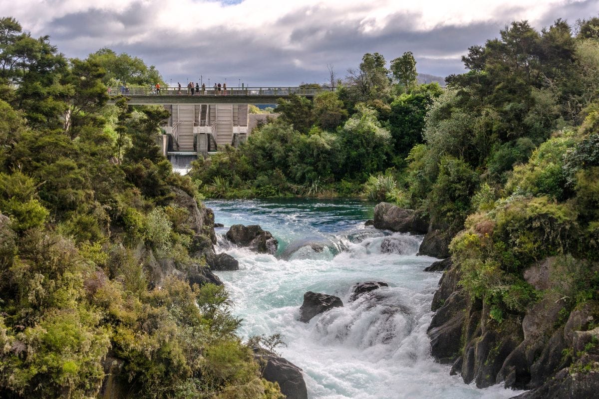 View from the lookout with the gates open showing the Aratiatia Rapids