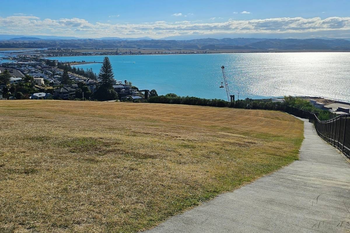 a path leading up a grassy hill towards the ocean