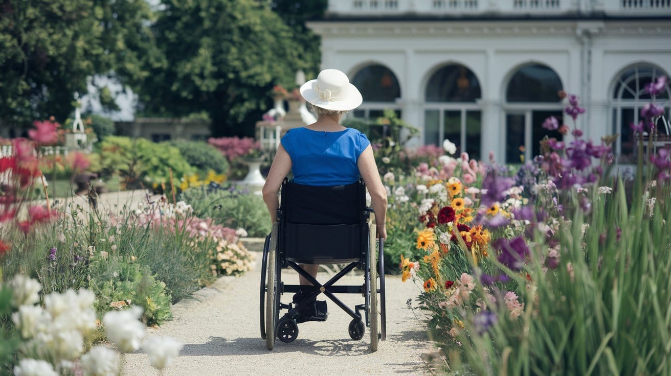 lady getting pushed in a wheelchair in the Hamilton Gardens