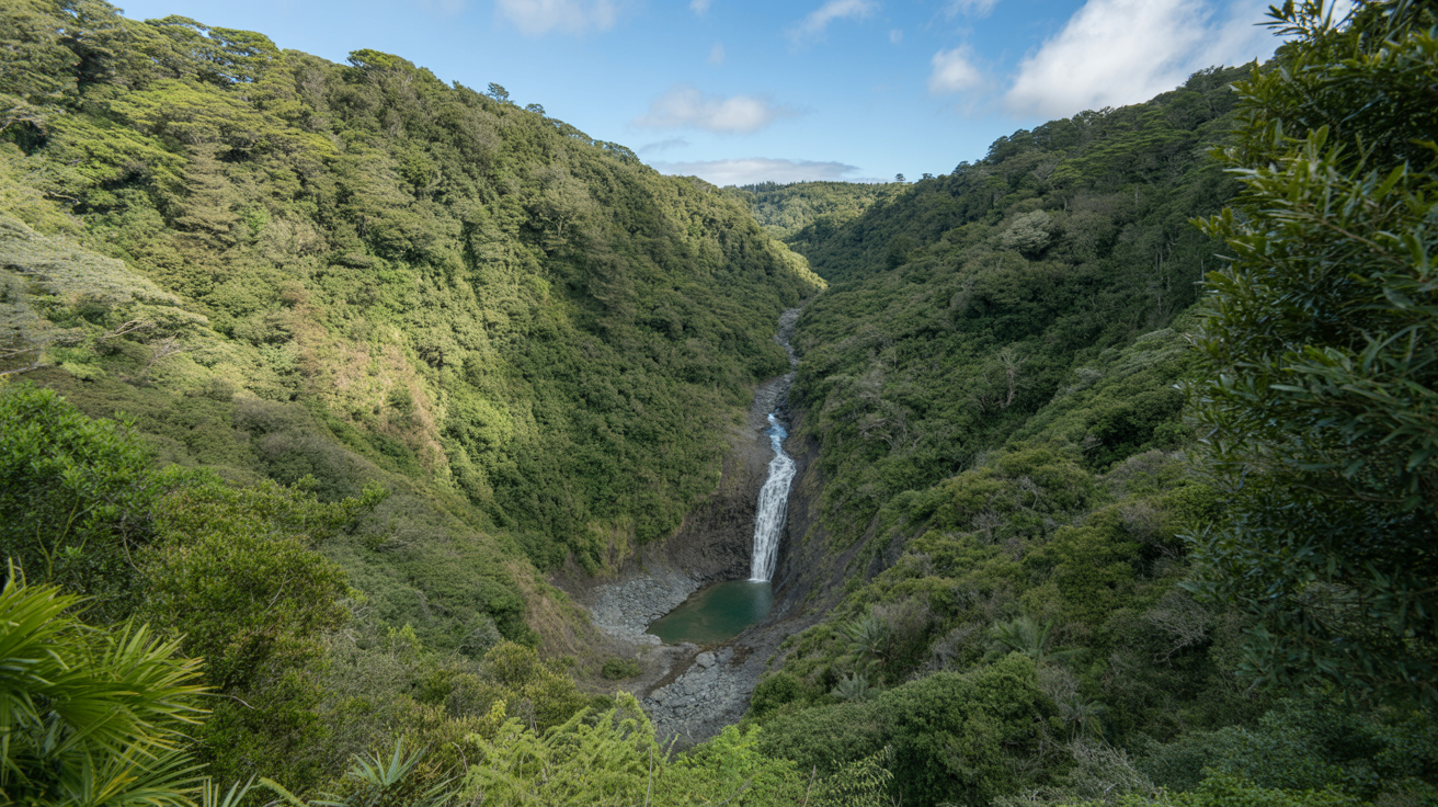 Stunning Photograph taken of the Karamatura Falls Track walk in Huia, New Zealand on a bright sunny day.