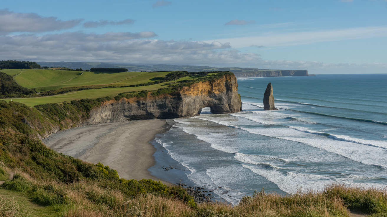 Stunning photograph taken of the Muriwai Cliff Top Walk walk in Muriwai, New Zealand on a bright sunny day. Alt Tag: Scenic view of the Muriwai Cliff Top Walk in Muriwai, New Zealand, captured on a clear, sunny day with lush cliffs and vivid coastal landscape.