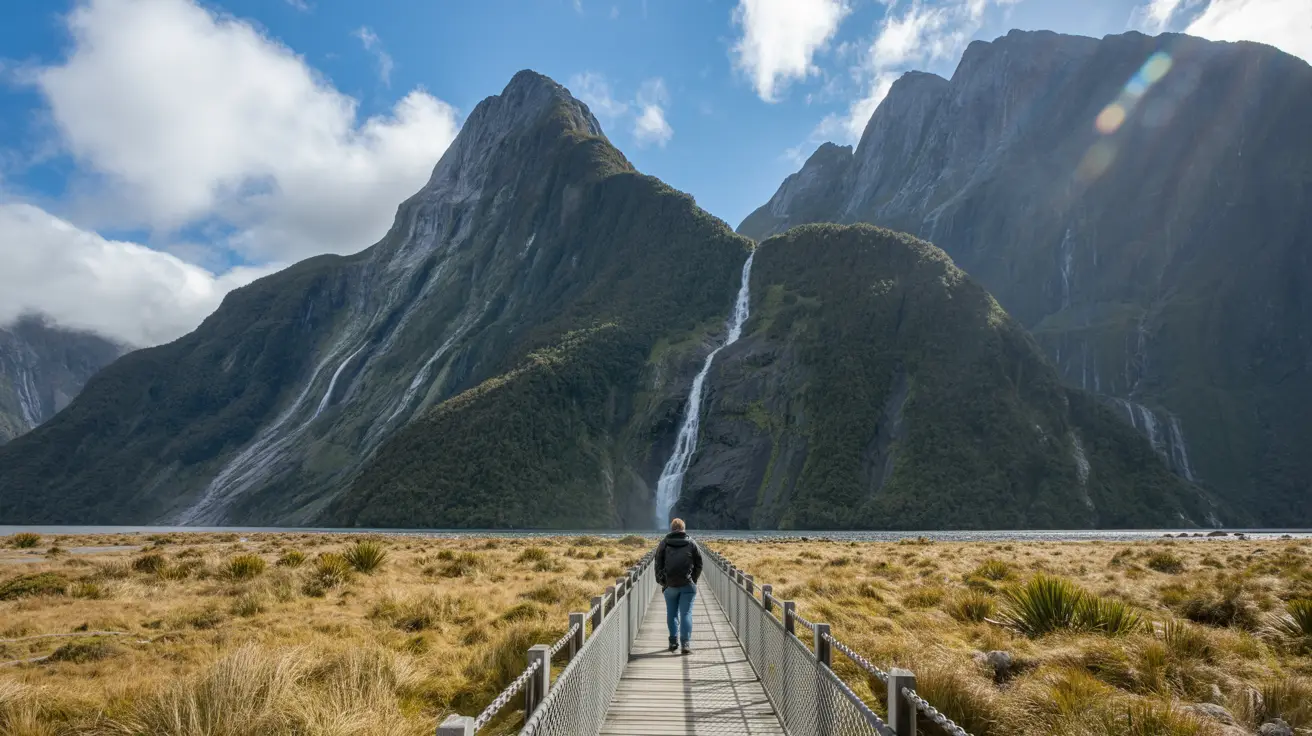 Stunning photograph taken of the Sutherland Falls walk in Milford Sound, New Zealand on a bright sunny day.