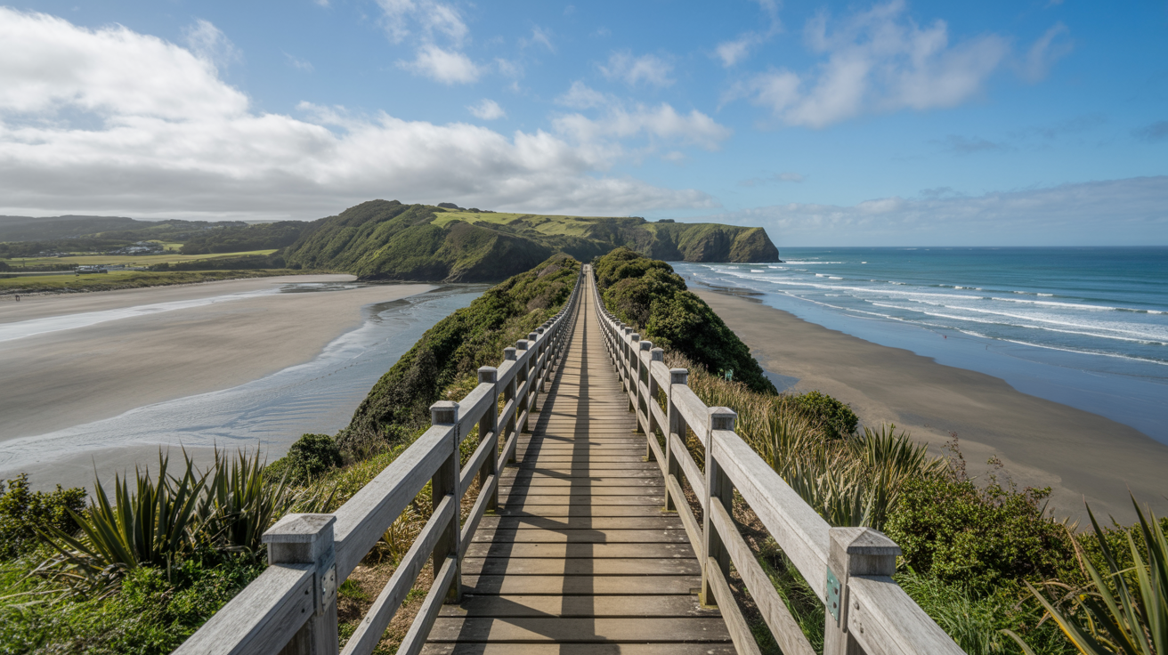 Stunning photograph taken of the Te Henga Walkway walk in Bethells Beach to Muriwai, New Zealand on a bright sunny day.