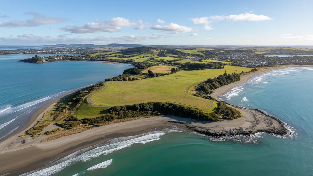 Stunning aerial photograph taken of the Waitawa Regional Park Coastal Loop walk in East Auckland on a bright sunny day.