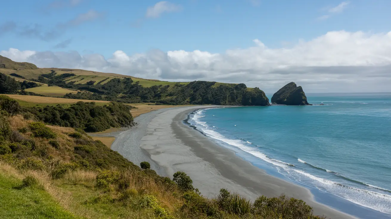 Stunning photograph taken of the Whatipū Coast Walk in Whatipu, New Zealand on a bright sunny day.