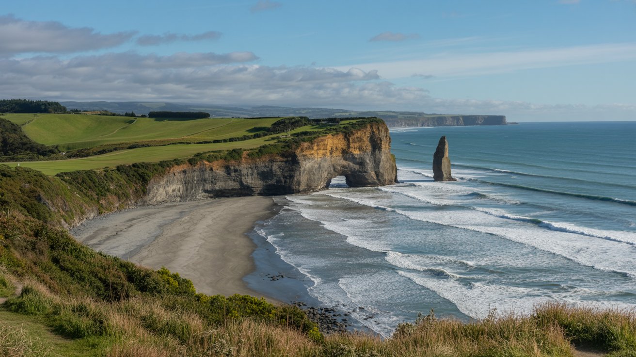 Stunning photograph taken of the Muriwai Cliff Top Walk walk in Muriwai, New Zealand on a bright sunny day. Alt Tag: Scenic view of the Muriwai Cliff Top Walk in Muriwai, New Zealand, captured on a clear, sunny day with lush cliffs and vivid coastal landscape.