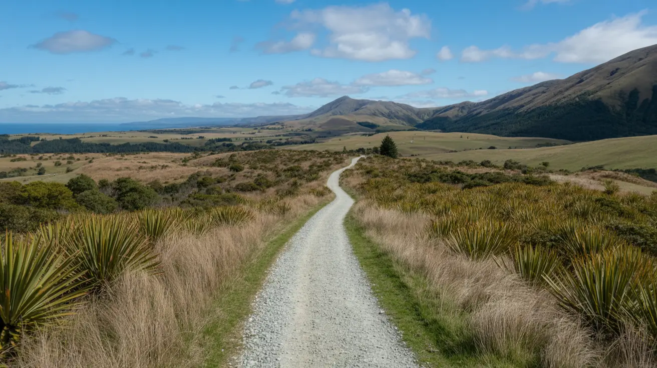 Stunning photograph taken of the Kōtare Loop Walk in Waitawa Regional Park, New Zealand, on a bright sunny day, captured in a realistic style with vibrant natural colors and clear lighting, showcasing the scenic walking trail amidst lush greenery and coastal views.