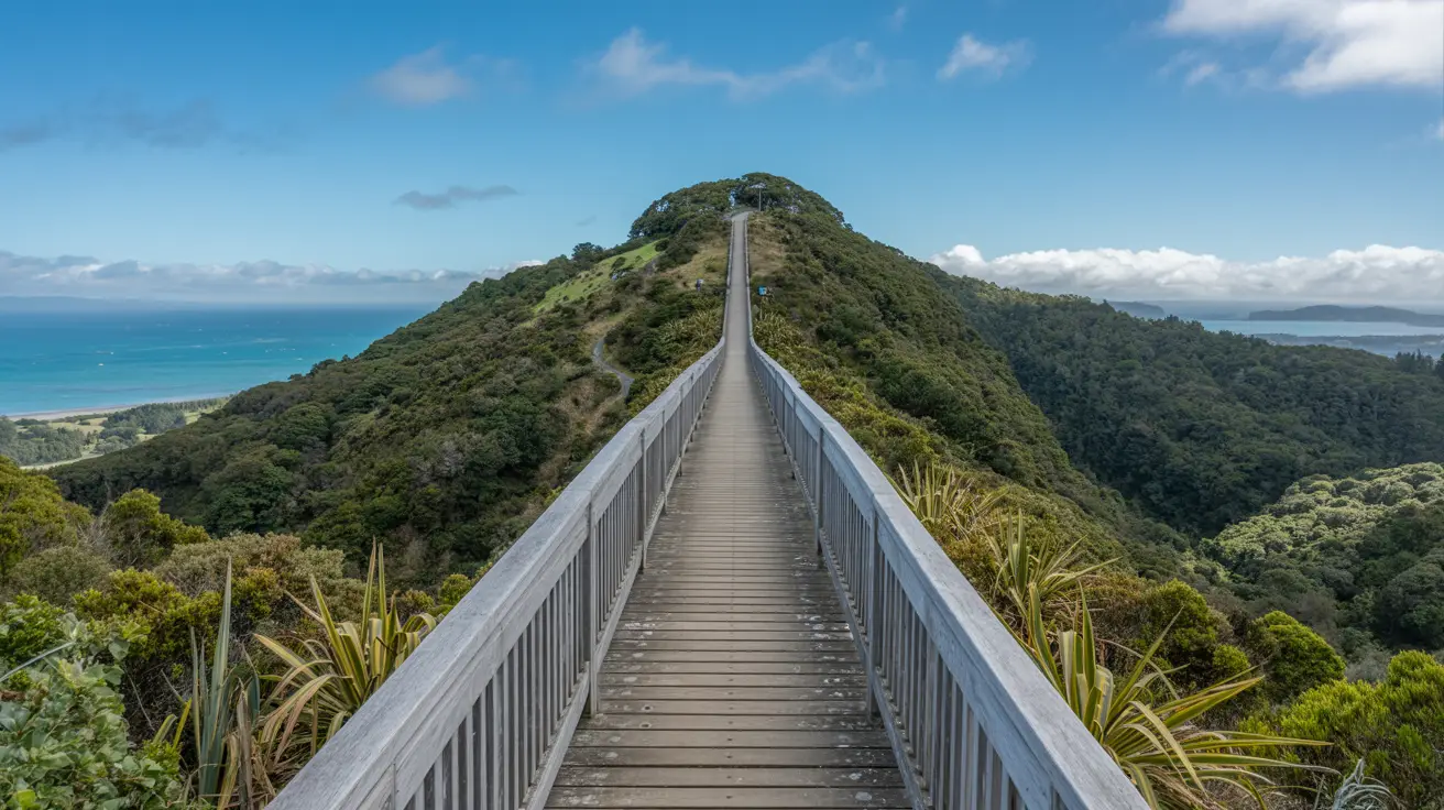 Stunning photograph taken of the Mt Tamahunga Walkway walk in Mahurangi, New Zealand on a bright sunny day.